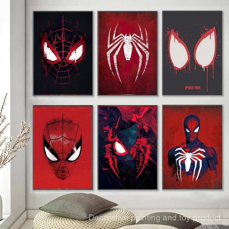 MINISO Marvel ภาพยนตร์ SpiderMan Wall Art โปสเตอร์ Avengers Superheroes การ์ตูนผ้าใบภาพวาดพิมพ์เด็กตกแต่งบ้าน