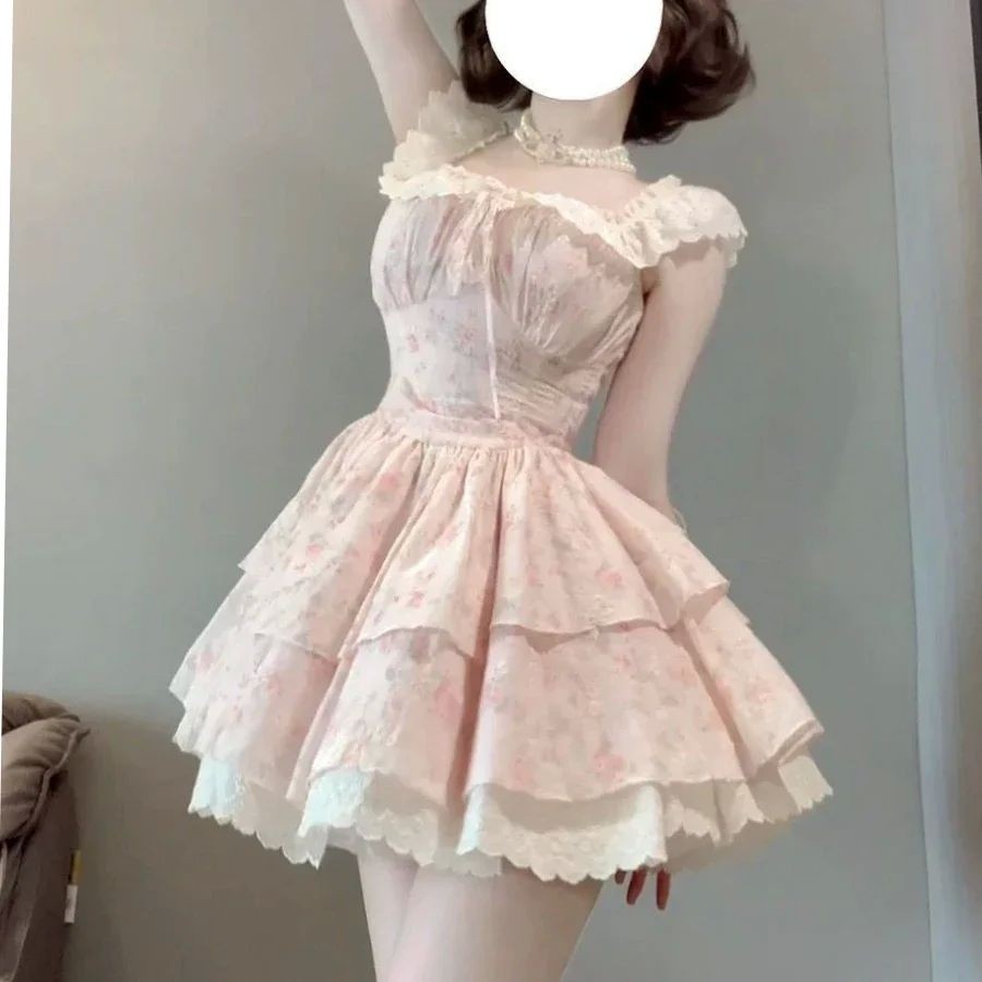Vintage Lolita 2025 เจ้าหญิงหวาน Ruffle เอวสูงผู้หญิงลูกไม้ Patchwork ใหม่หญิงเกาหลีแฟชั่น Elegant d