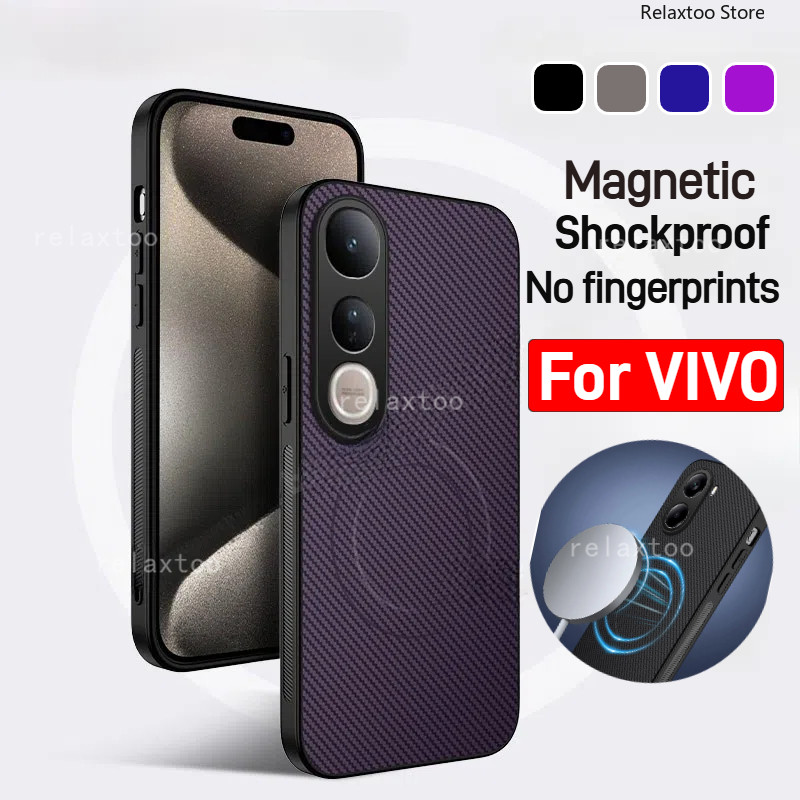 VIVOV50 สําหรับ VIVO V50 Lite E V40 Pro V50E V50Lite V50Pro VIVOV50Lite 5G คาร์บอนไฟเบอร์รูปแบบแม่เหล็กนุ่มไร้สายชาร์จเคสโทรศัพท์ปกป้องกันกระแทกกลับปลอกฝาครอบ