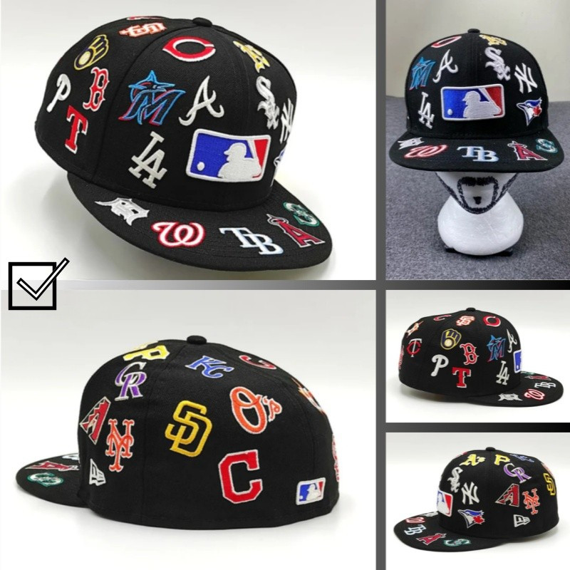 ใหม่/Era 59FIFTY ติดตั้งหมวก MLB Allover โลโก้ทีม-สีดําผู้ชายและผู้หญิงแฟชั่นประณีตเต็มหน้าจอปักมือก