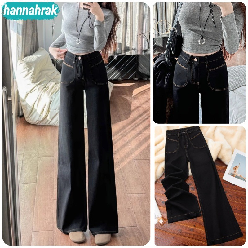 (ส่งจากกรุงเทพฯ)กางเกงยีนส์(S-2XL) เอวสูง สไตล์เกาหลี แนววินเทจ เท้ากว้าง กางเกงยีนส์ขายาว สวยๆเก๋ๆ เซ็กซี่เบาๆ