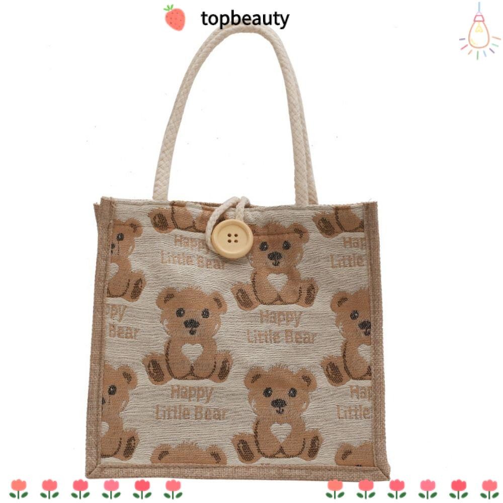 TOPBEAUTY กระเป๋าใส่ข้าวกลางวัน, กระเป๋าถือผ้าแคนวาสผ้าลินินความจุขนาดใหญ่, หมีการ์ตูนลําลองแบบใช้ซ้ําได้พร้อมปุ่มถุงอาหารเช้าปิคนิคผู้หญิง