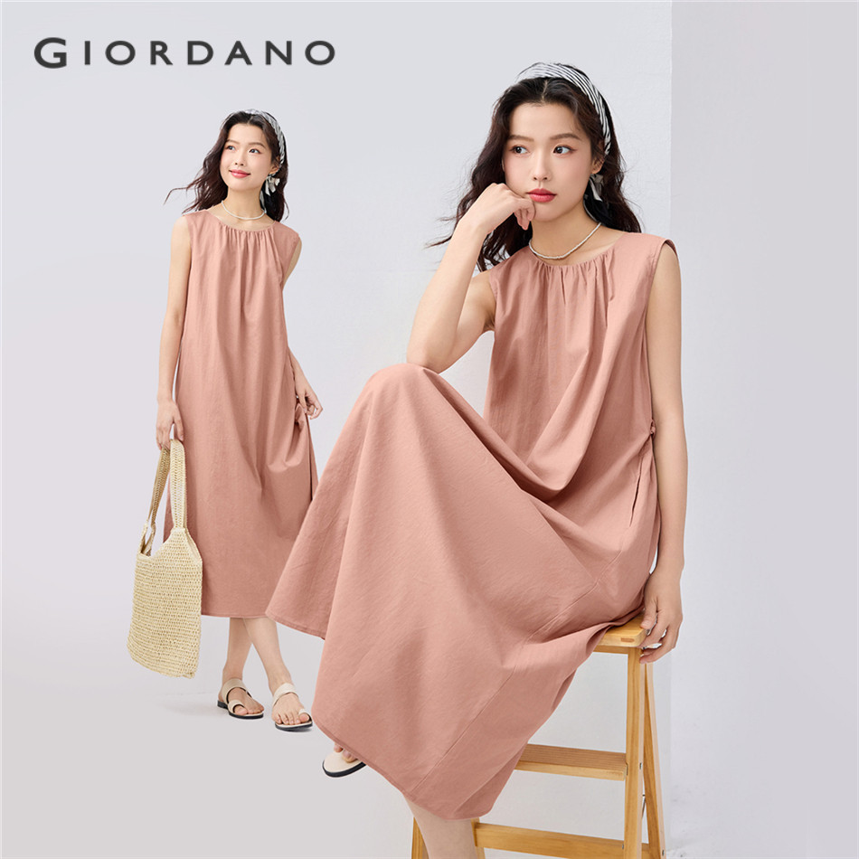GIORDANO WOMEN Linen cotton pleated crewneck sleeveless dress 13465352