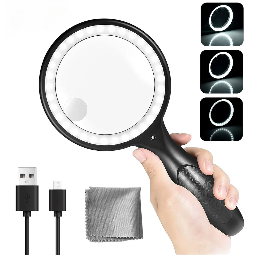 แว่นขยายขนาดใหญ่พร้อมไฟ, 60X 30X มือถือชาร์จ Illuminated Vision Aid แว่นขยายสําหรับอาวุโสอ่าน