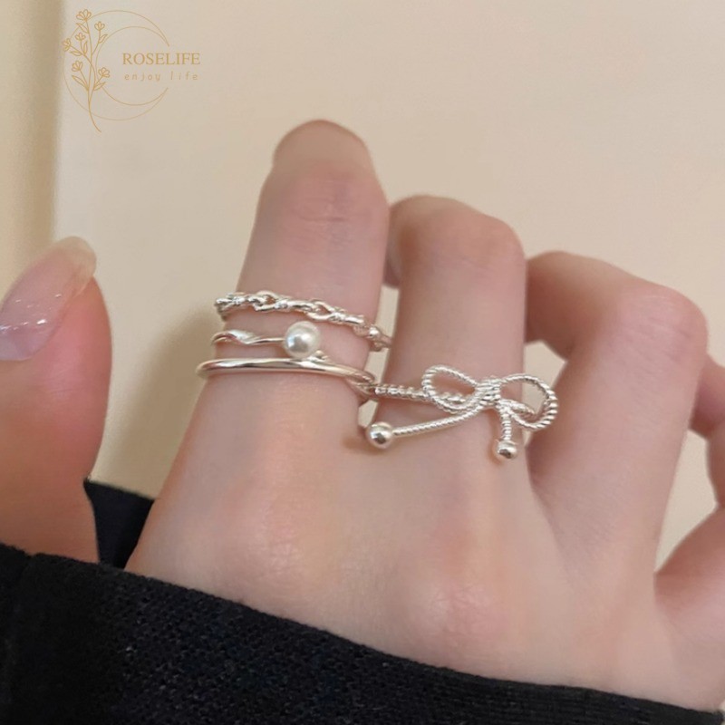 โรสไลฟ์ เกาหลีเงินโบว์มุกข้ามเปิดแหวนสําหรับผู้หญิงปรับนิ้วข้อมือเครื่องประดับอุปกรณ์เสริม
