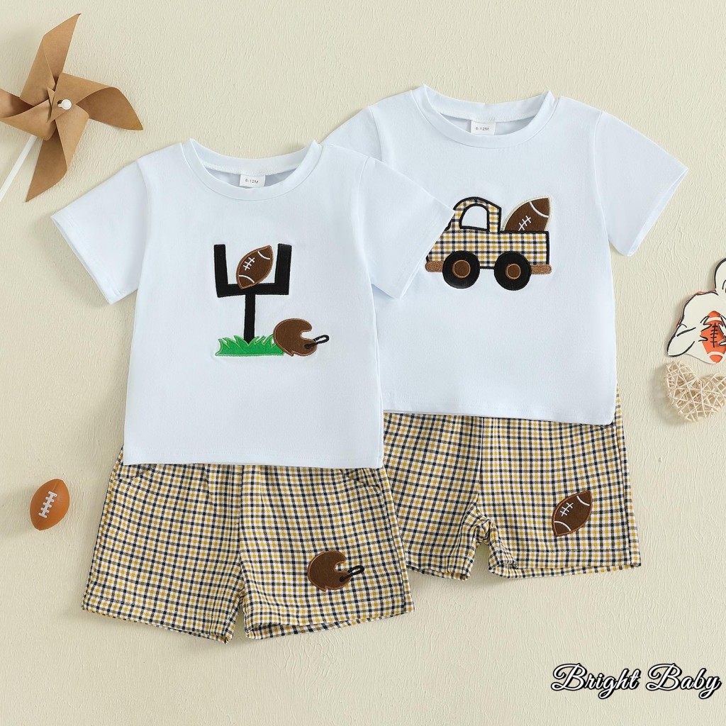 ชุดเด็กทารกฤดูร้อน 2 ชิ้น Car Rugby เสื้อยืดเย็บปักถักร้อยและกางเกงขาสั้นลายสก๊อตยืดหยุ่น