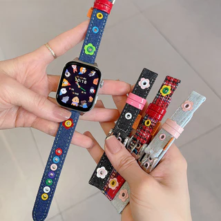 สายนาฬิกาหนังเดนิมลายดอกไม้สุดน่ารักสำหรับ Huawei Watch Fit 5 Fit 4 Pro สายรัดข้อมือแบบบางสำหรับผู้หญิง อุปกรณ์เสริมสายนาฬิกาสำรองสำหรับ Huawei Fit3