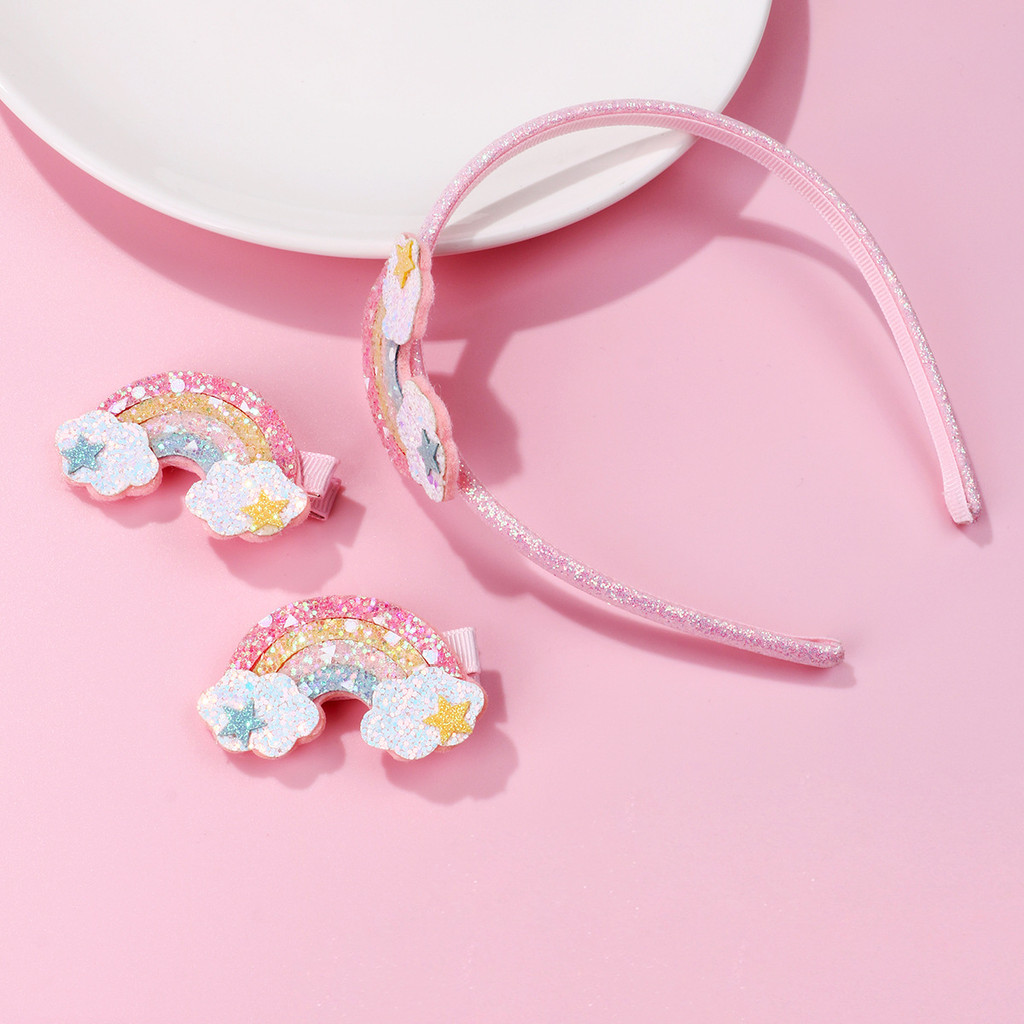 1 ชิ้น Hairband & 2 ชิ้นคลิปผมชุดสีชมพูสายรุ้งเด็กอุปกรณ์เสริมผม