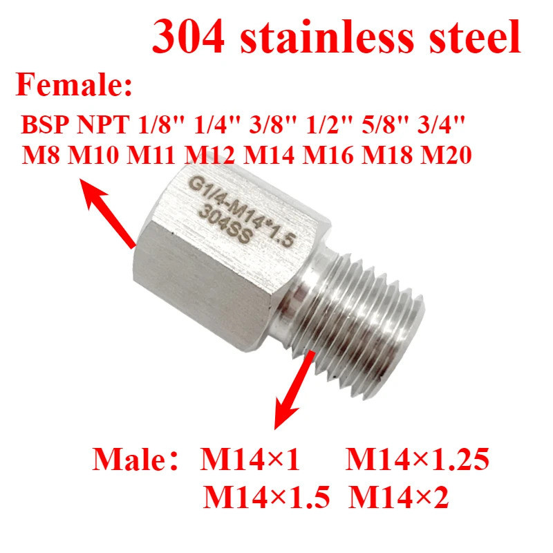 ตัวลดขนาด M14 ชายเป็นหญิง Hex – สแตนเลส 304, แรงดันสูง, ใส่ได้กับ M8–M20, อะแดปเตอร์ 1/8"–5/8" BSP/NPT
