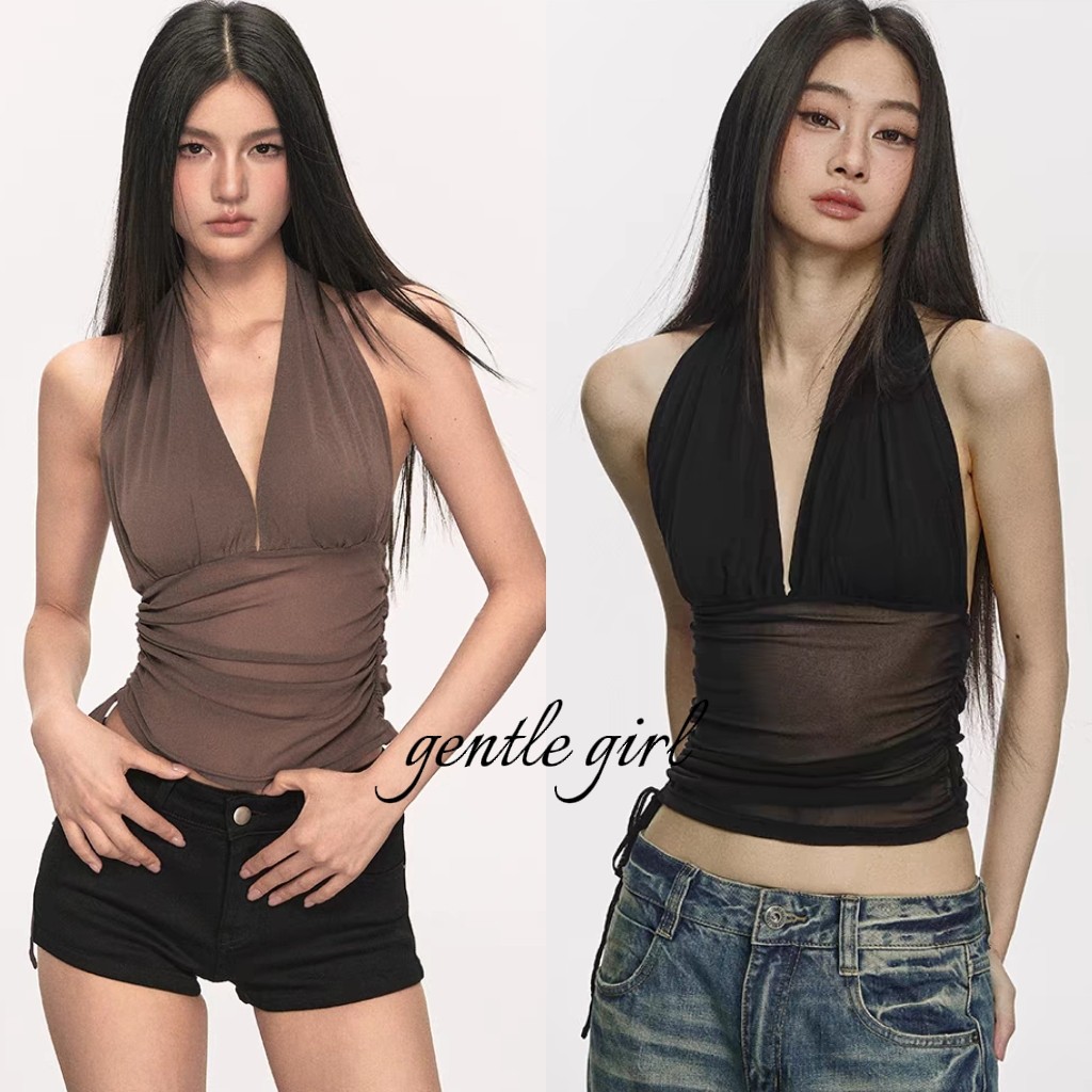 #GG🎀เสื้อครอปเปิดหลังสีพื้นสำหรับผู้หญิงในช่วงฤดูร้อน เสื้อคอวีลึก ดีไซน์จับจีบ สไตล์เกาหลี เสื้อกั๊กคอฮอลเตอร์เซ็กซี่