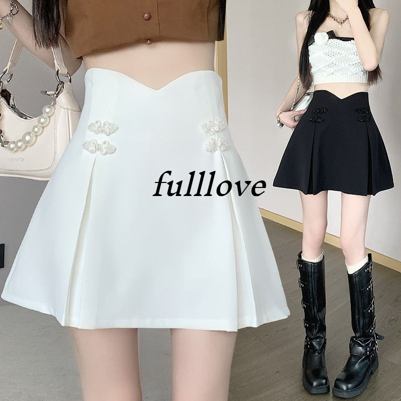 [พร้อมส่ง] Fulllove กระโปรงเอวสูงสไตล์ผู้หญิงแฟชั่นกระโปรงจานสไตล์จีนเอว-ปิดสีทึบขนาดใหญ่กระโปรงทรงเอ