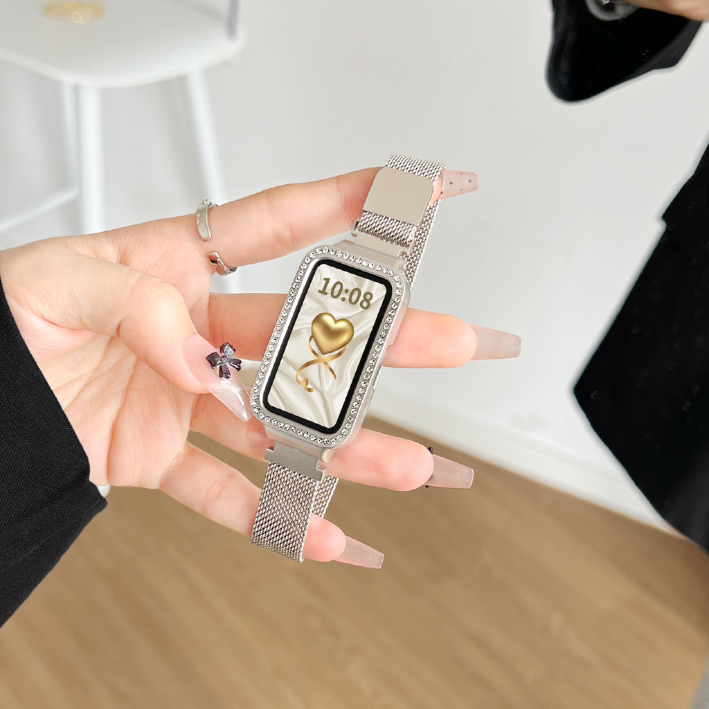 Milanese Magnetic Loop strap พร้อมการตั้งค่าเพชร PC Hollow สําหรับ For Huawei band 10 9 8 NFC สายนาฬิกากรณี