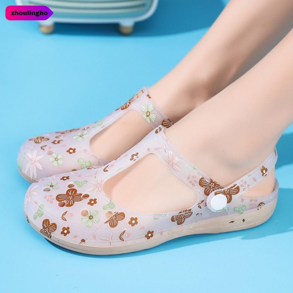 โจวหลิงโฮ รองเท้าแตะลิ่มโปร่งใส, รองเท้าแตะชายหาดกันลื่นแฟชั่น, รองเท้าแตะผู้หญิงนุ่มกลวงออกสบาย
