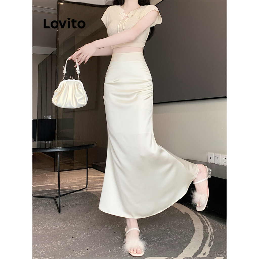 Lovito กระโปรงจีบธรรมดาหรูหราสำหรับผู้หญิง L105MD578