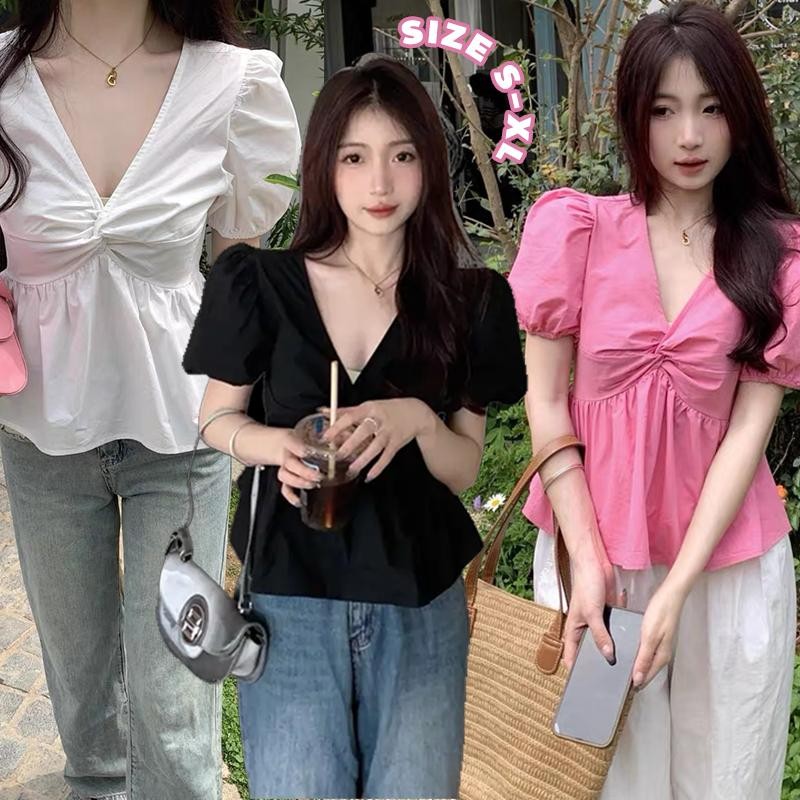 Mimi&Didi เสื้อคอวีสุดน่ารัก เสื้อเชิ้ตเบลาส์แขนพองสีชมพูสำหรับผู้หญิง สไตล์ฝรั่งเศส แฟชั่นลำลอง ใส่สบายW610