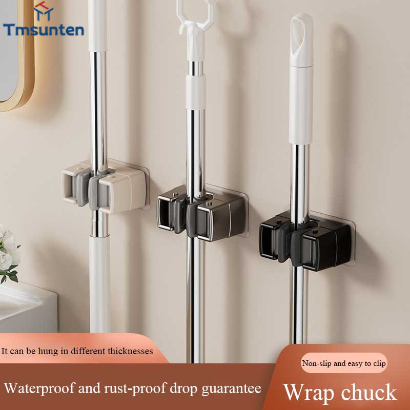 ชั้นวางไม้กวาดติดผนังห้องน้ำ ABS ตะขอแข็งแรง ราวแขวนไม้ถูพื้น ไม่ต้องเจาะ Tmsunten