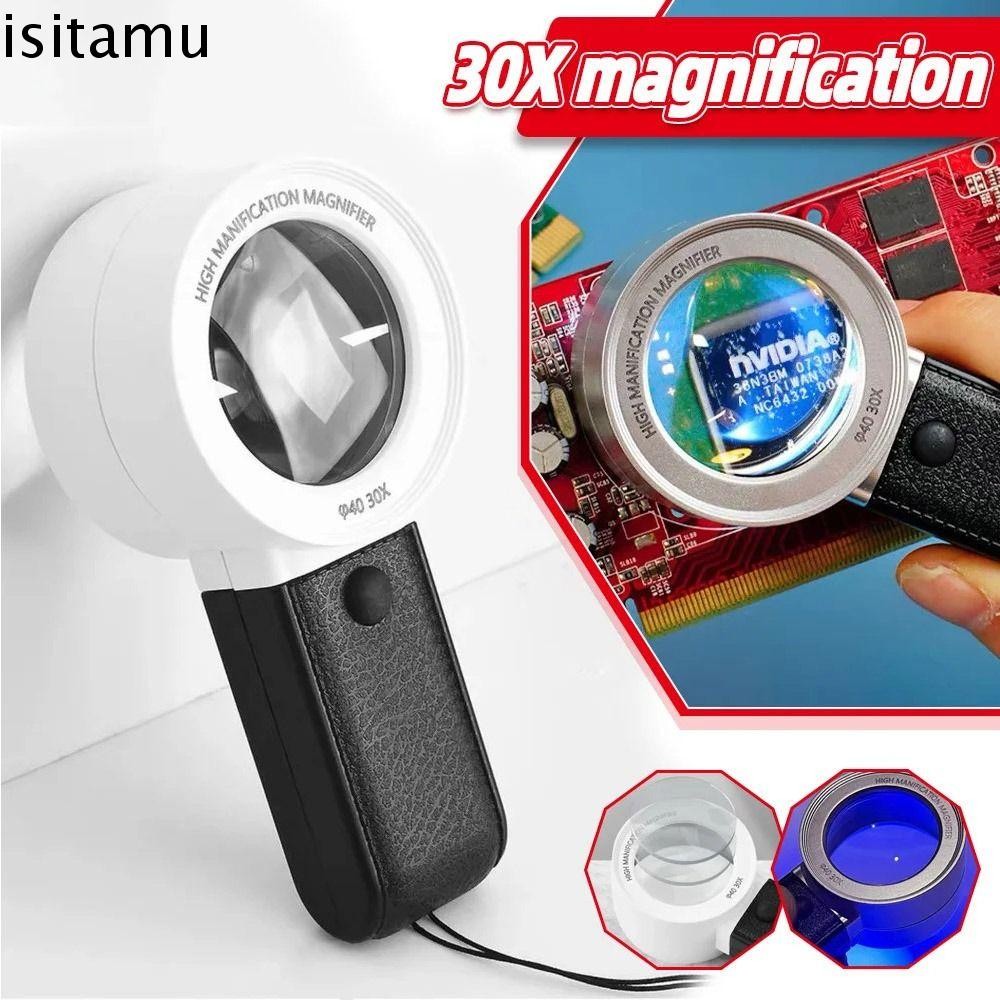 ISITAFT แว่นขยาย 30X มือถือ เลนส์ Loupe HD พร้อมไฟ LED 4 ดวง สําหรับอ่านหนังสือและเครื่องประดับ