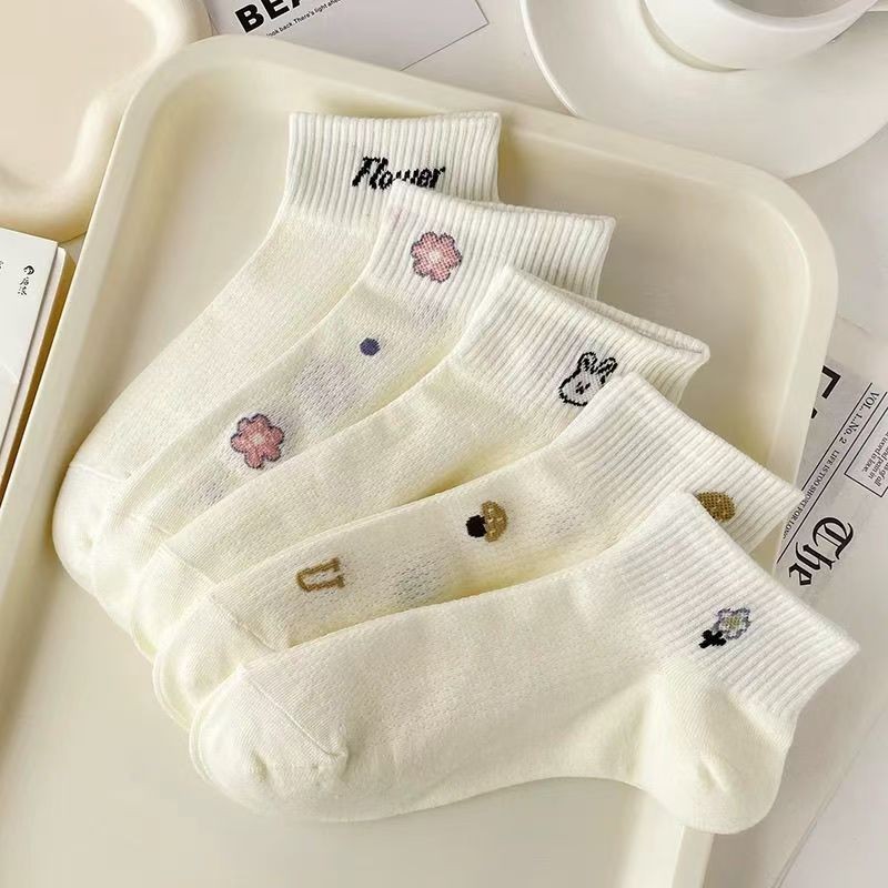 HOME818 ถุงเท้าข้อสั้น (5ลาย/10คู่) ถุงเท้าแฟชั่นเกาหลี เนื้อผ้านุ่มงานถักอย่าง