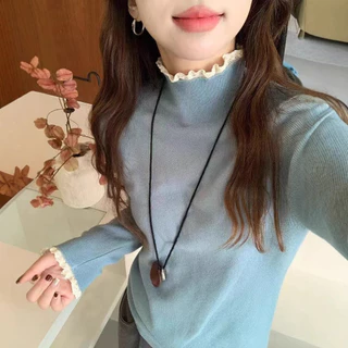 ครึ่งคอเต่าลูกไม้ขอบเสื้อกันหนาวผู้หญิงสไตล์ใหม่ด้านในบางพอดี ผอมลง ดู