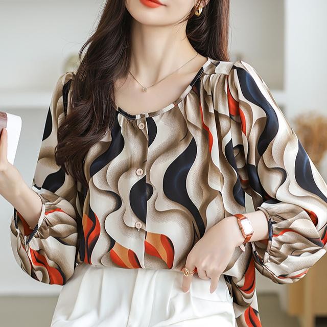 Graceful Round Neck Lantern Sleeve เสื้อชีฟองลายดอกไม้สีเหลืองคลาสสิกผ่อนคลายสําหรับ Workdays และ Casual Outings