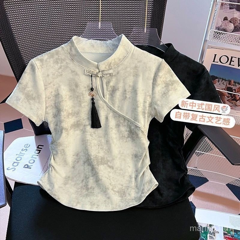 (ไม่มี SISE) ใหม่สไตล์จีนสไตล์จีนหัวเข็มขัดบานผิดปกติบางพอดีแขนสั้นเสื้อยืดผู้หญิงฤดูร้อนใหม่ทุกการจับคู่สั้นด้านบน