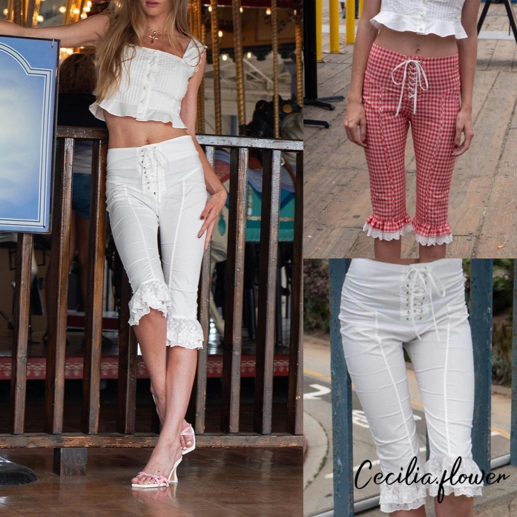 ผู้หญิงcapriกางเกงลูกไม้rufflesด้านหน้าcross Tie-Upฤดูร้อนสบายๆCroppedกางเกงยืดCrop Leggings