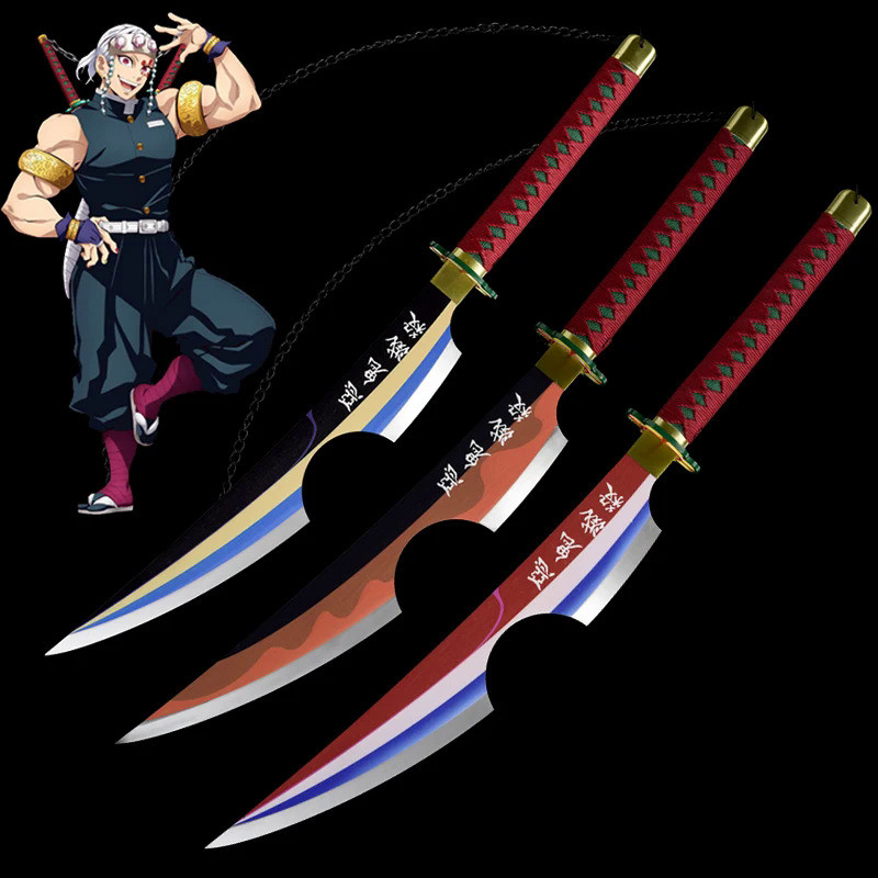 Anime Demon Slayer Cosplay Kimetsu no Yaiba Replica Twin Uzui Tengen Swords Strap 83cm Wooden Props 