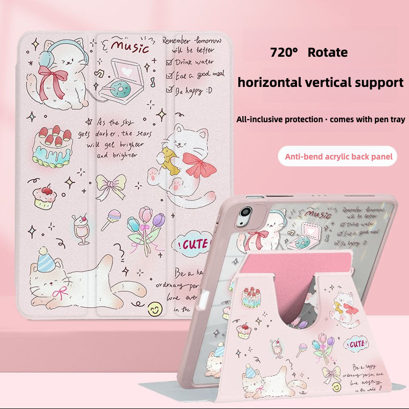 iPad Air5เคสipadหมุนได้ 360 องศาเค้กดอกทิวลิปลูกแมวเหมาะสําหรับอะคริลิคiPad Air6 Air4 10.9 Gen7/8/9 10.2 Gen5/6 9.7 Pro11 Gen10 เคสป้องกัน