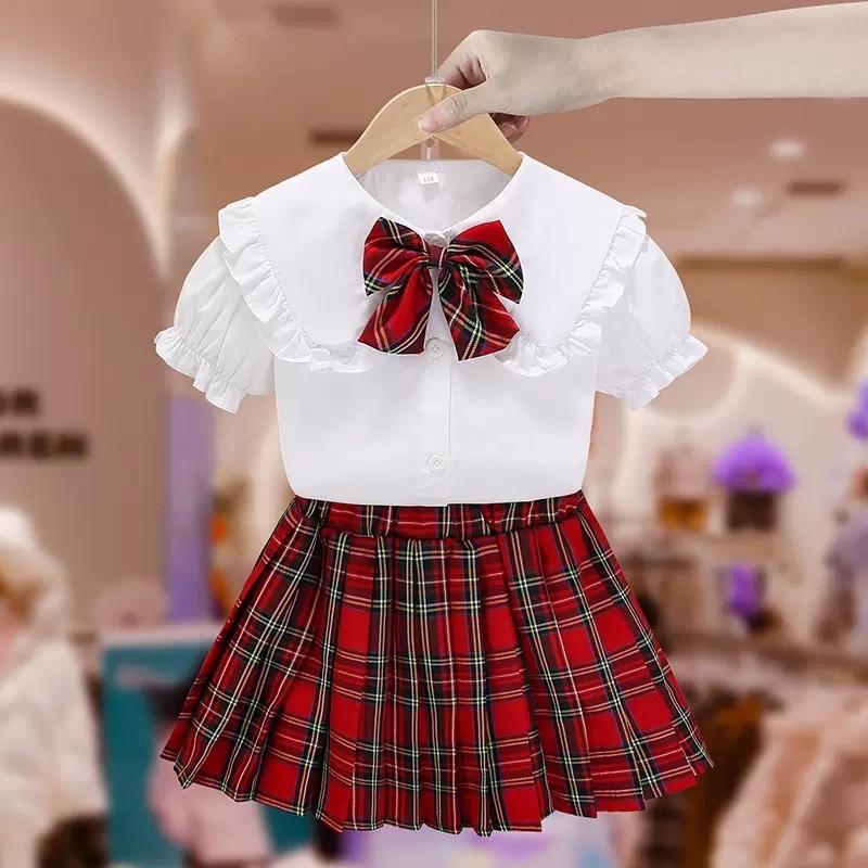 ชุดกระโปรงสั้นเด็กหญิงเสื้อแบบใหม่กระโปรงจีบชุดสองชิ้นสไตล์วิทยาลัย