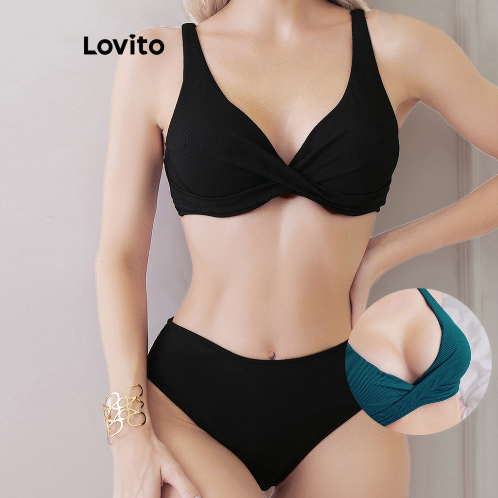 Lovito ชุดเซ็ทบิกินี่ผู้หญิง แต่งปม สีพื้น สไตล์เซ็กซี่ LNL43181