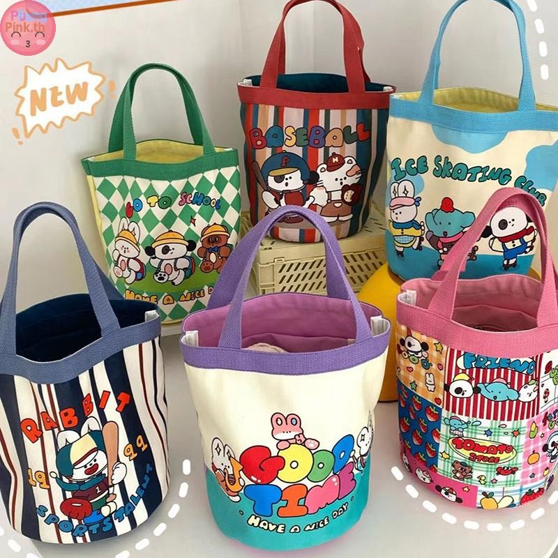 Puinkk Casual Canvas Bucket Bag Tote กระเป๋าถือผู้หญิงการ์ตูนพิมพ์ถุงอาหารกลางวันกระเป๋านักช้อปกระเป๋านักเรียน TH