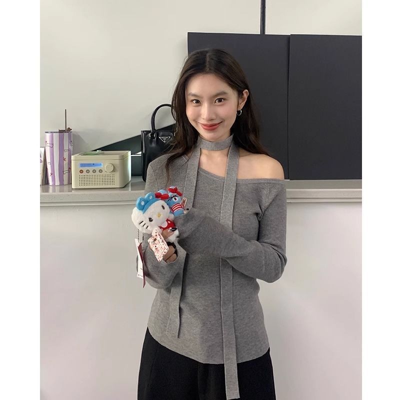 Unique Bottoming Shirt Knitted Korean Style2024Wear Gray Top off-Shoulder off-the-Shoulder Super Nice Women's Early Autumn Inner Wear