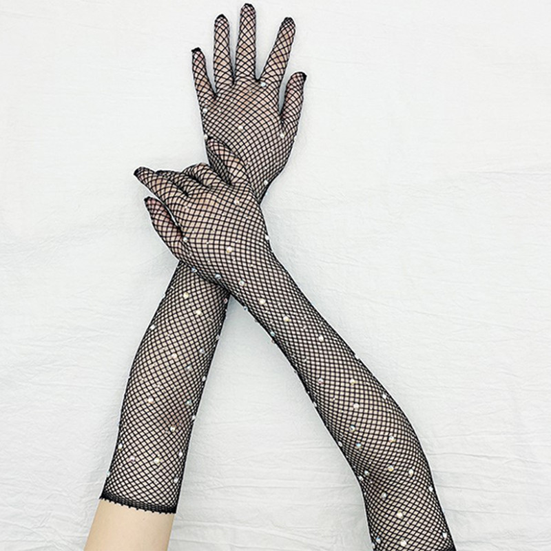 Springevenbliss สีดําสีขาวสีแดงถุงมือตาข่ายยาว Rhinestones Hollow ตกปลาสุทธิถุงมือผู้หญิงนิ้วมือแฟนซีคอสเพลย์ Fishnet ถุงมือ Springevenbliss