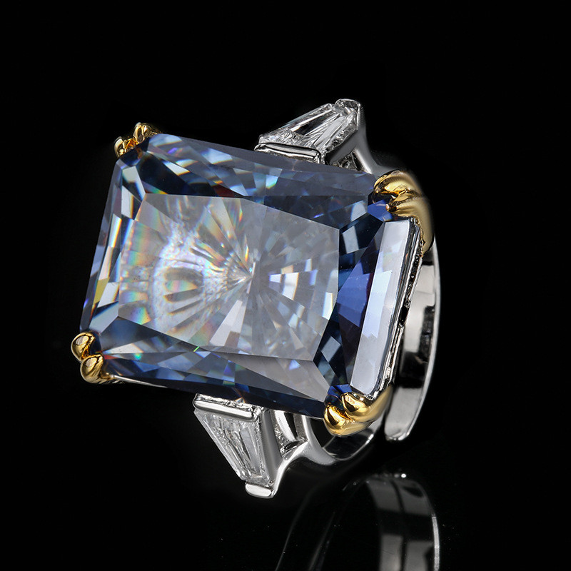 ยุโรปอเมริกัน ins สไตล์ใหม่ทองแดงด้านล่าง Gold-Plated Square Diamond Blue แหวนหินหญิง 15 * 20