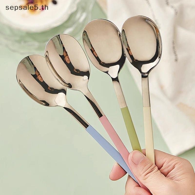 [บ้าน] 2 ชิ้น 410 สแตนเลส 4 สีจับช้อนสําหรับครอบครัวอาหารค่ําบนโต๊ะอาหารร้านอาหาร Flatware ทัพพีซุป {th}