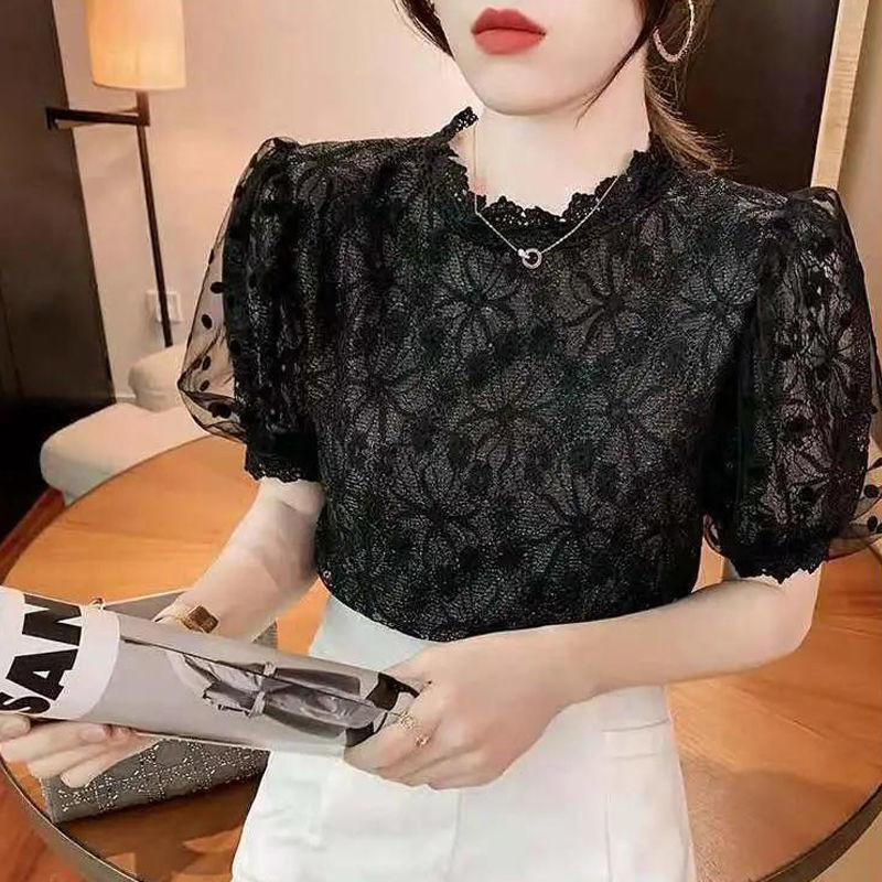 ฤดูร้อนฝรั่งเศส High-End พัฟแขนลูกไม้ Hollow Double-Layer เสื้อชีฟองแฟชั่น Classy Simple All-Match Slim-