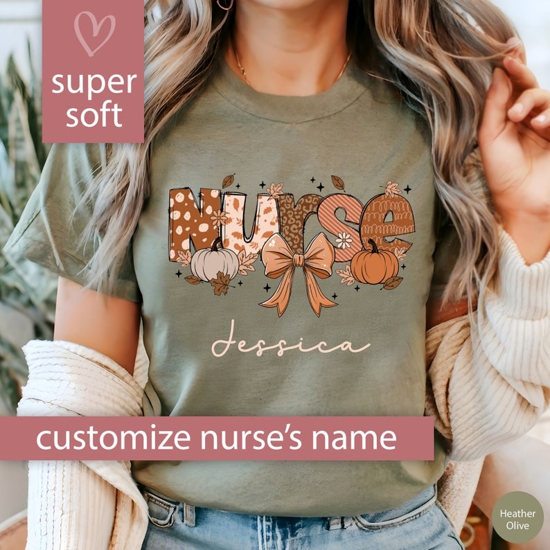 Custom Fall Nurse Shirt, Personalized Nurse Pumpkin Tshirt for Nurse Gift for Nurse, Fall Coquette B