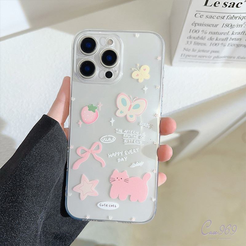 ลูกแมวผีเสื้อสตรอเบอร์รี่ โปร่งใส เคส Samsung A14 A15 A05s A54 A24 A03s A32 A05 A12 A34 A50 A53 A52 A02s A23 A02s