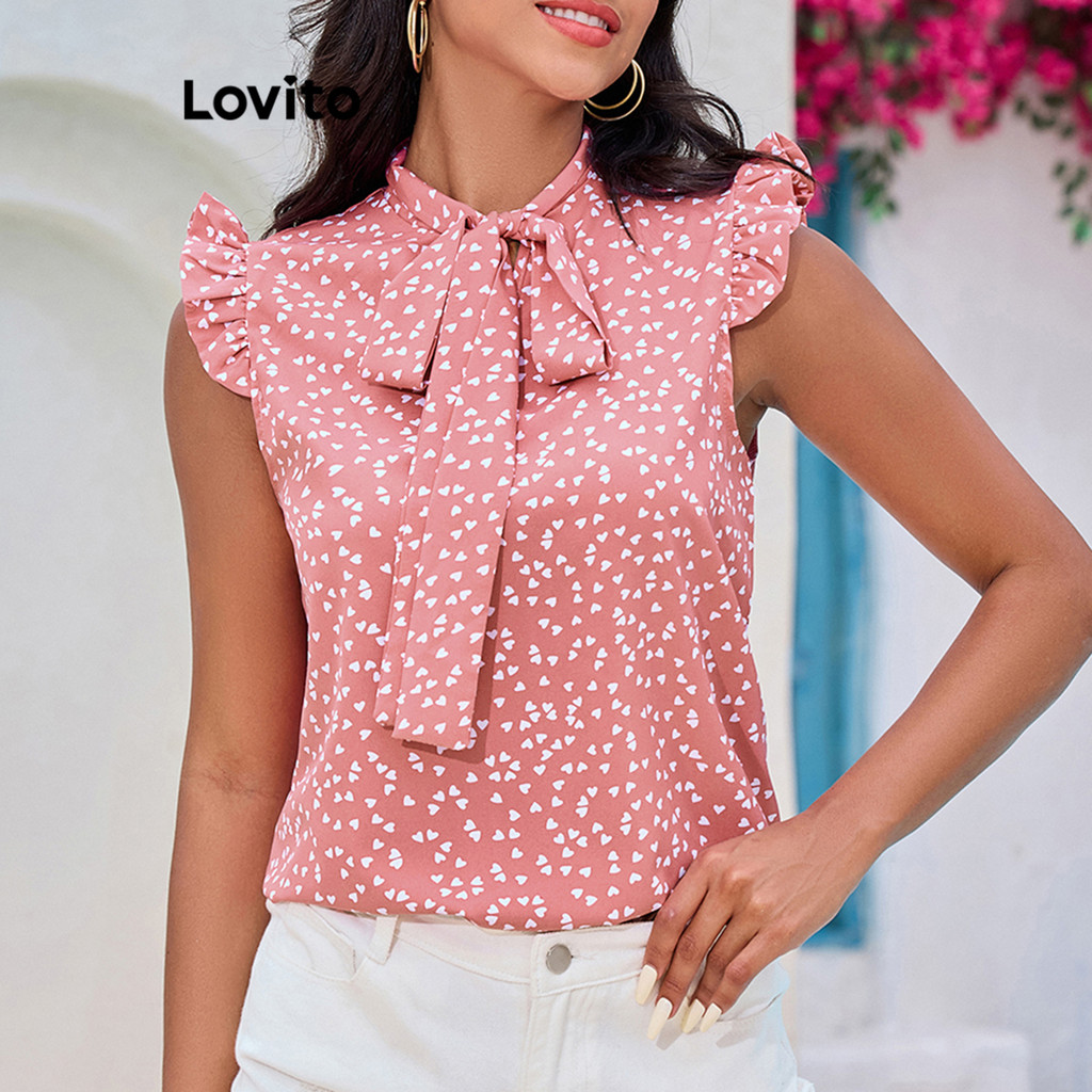 Lovito เสื้อเบลาส์ลายหัวใจผูกโบว์ด้านหน้าสุดหรูหราสำหรับผู้หญิง LBL18563