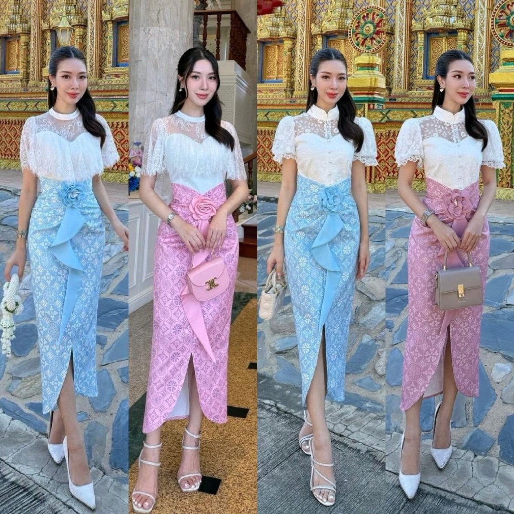 <พร้อมส่ง> Abigail รวมชุดไทย Set เสื้อแขนกระดิ่ง ติดกระดุมเรียงด้านหน้า มาพร้อมกระโปรงยาวเอวสูง ชุดผ้าไทย