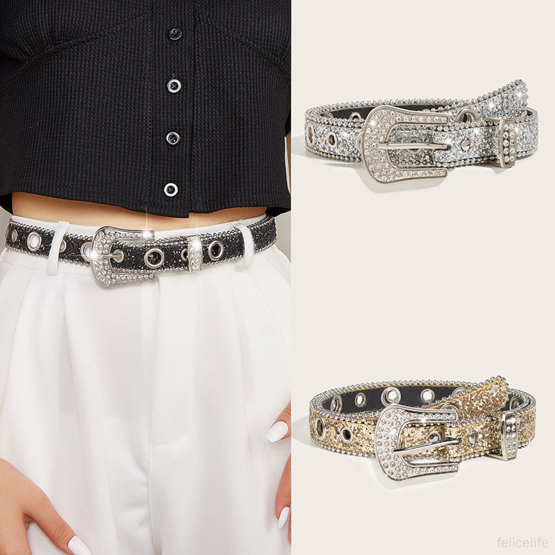 เข็มขัดผู้หญิงบาง Rhinestone มีรูพรุน 2.5 ซม.ลูกปัดขนาด Cornhole เพชรหัวเข็มขัดอเมริกัน Retro เข็มขัด