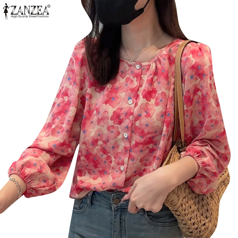 ZANZEA ใส่ ซานเซีย ผู้หญิงเกาหลีลําลองรอบคอแขนยาวปุ่มพิมพ์เสื้อ