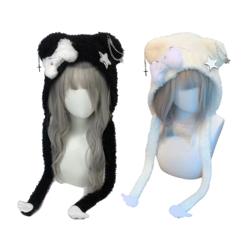 Woke ถัก Head Wrap Furry Bear Bone Star Soft Thicken Hood สําหรับผู้หญิงสวมใส่ฤดูหนาว