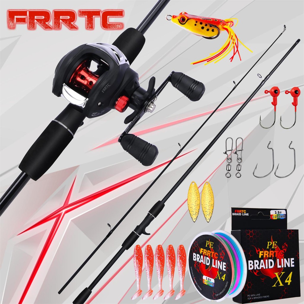 FRRTC ชุดตกปลาครบชุด คันเบ็ดแบบหล่อคาร์บอนไฟเบอร์ 2 ส่วน และรอกเบทคาสติ้งอัตราทดเกียร์สูง 7.2:1 พร้อมเหยื่อล่อสาย