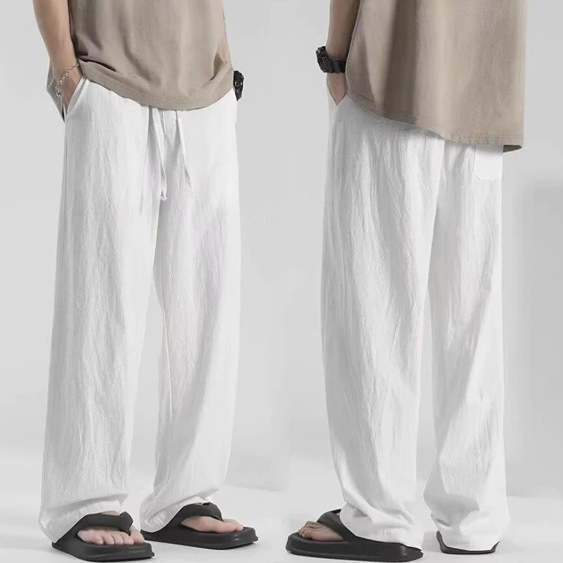 M-5XL 6 สี ผ้าลินินหลวมตรงขากว้างสีขาว Casual Plus ขนาดกางเกงขายาวผู้ชาย