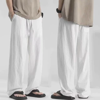 M-5XL 6 สี ผ้าลินินหลวมตรงขากว้างสีขาว Casual Plus ขนาดกางเกงขายาวผู้ชาย