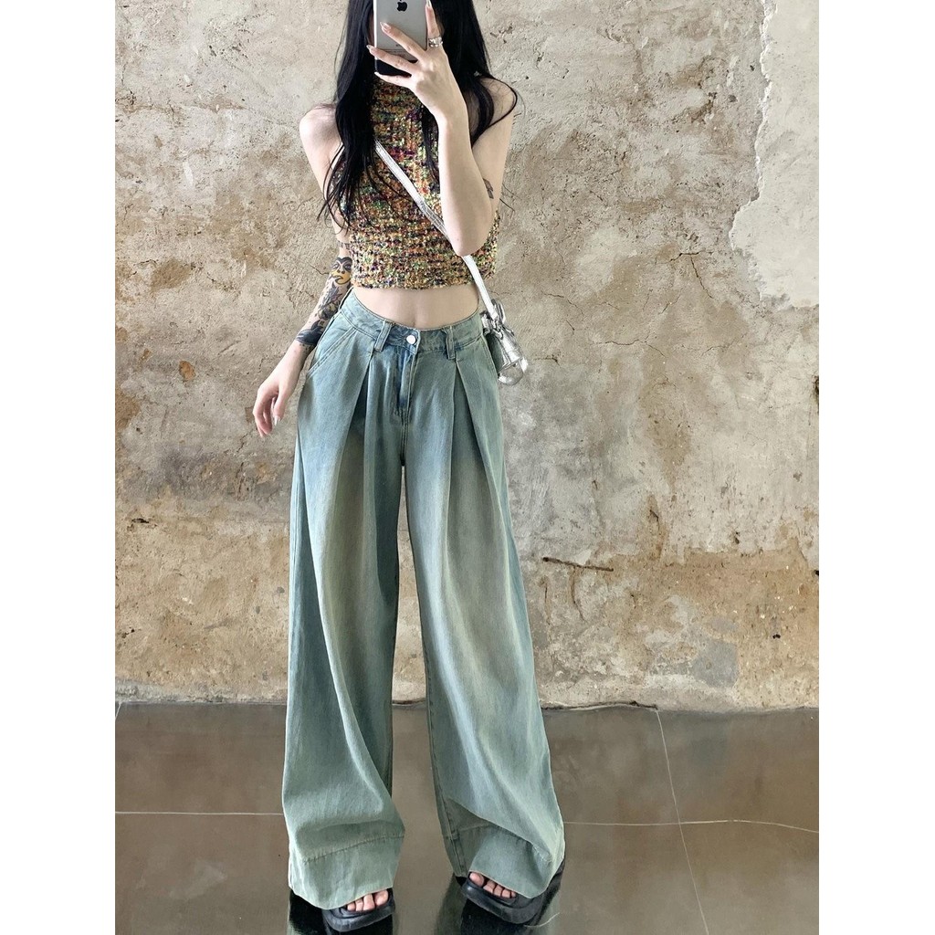 Korean กางเกงยีนส์ จับจีบหน้า สีฟอกทรงเท่ๆ ทรงสวย ผ้านิ่มใส่สบาย ทรงขากระบอก ยีนส์ /147