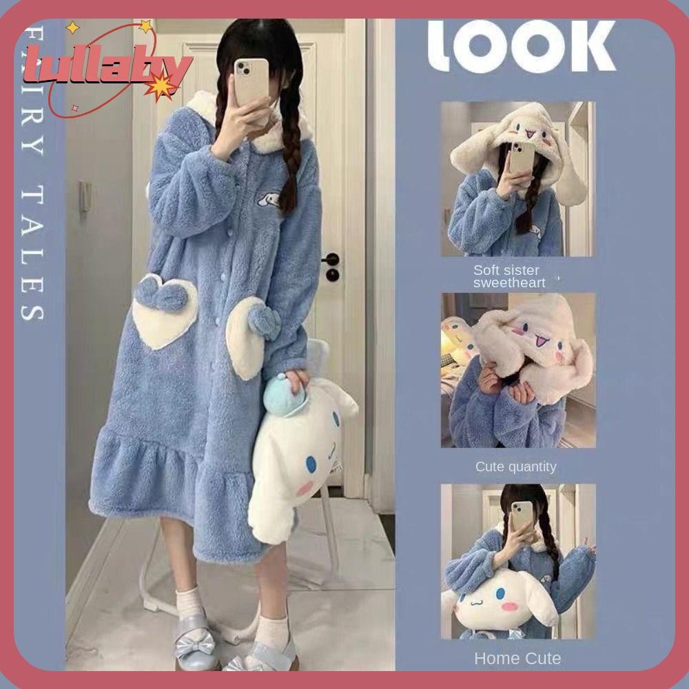 Lullaby ชุดนอนฤดูหนาว, เสื้อคลุมมีฮู้ดลายการ์ตูน Hello Kittys, ชุดนอนน่ารักตุ๊กตา Cinnamoroll