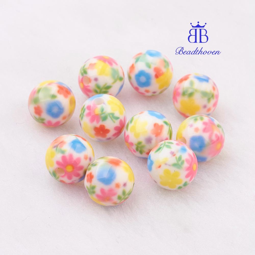 10ชิ้นสเปรย์ทาสีลูกปัดเรซินที่มีลายดอกไม้รอบที่มีสีสัน10มิลลิเมตรหลุม: 2มิลลิเมตร