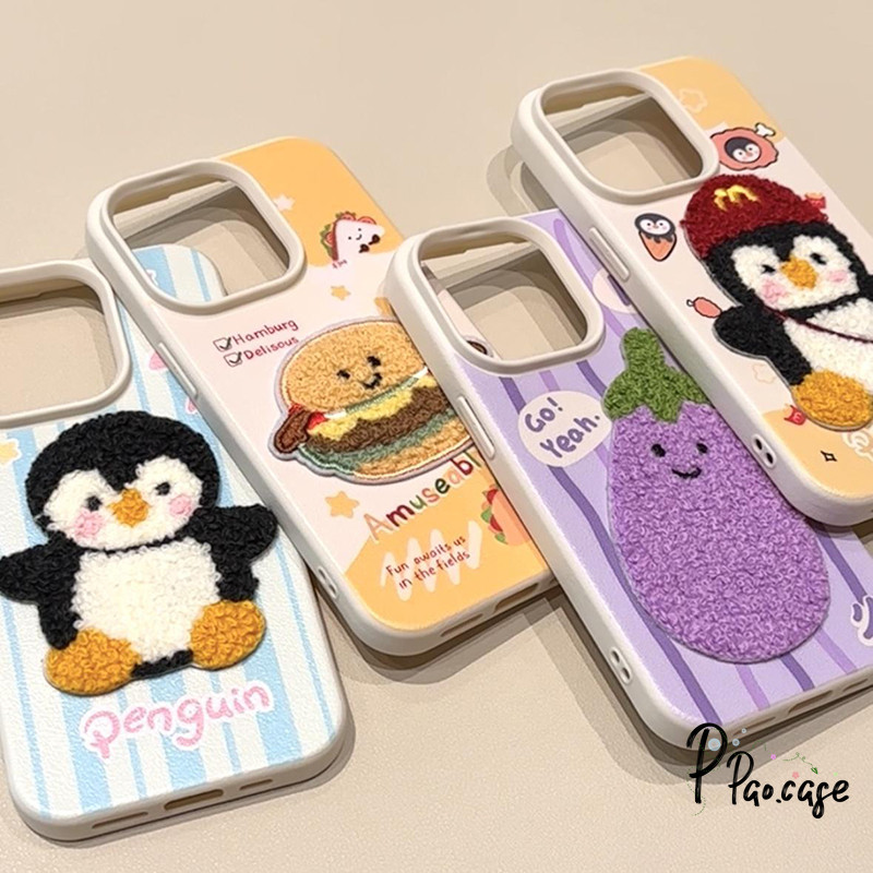 เคสนิ่มลายการ์ตูนแฮมเบอร์เกอร์ เพนกวิน มะเขือยาว คู่รัก IPhone 17 16 15 13 12 14 11 Pro Max XR 7 8 14 15 16 Plus XS X